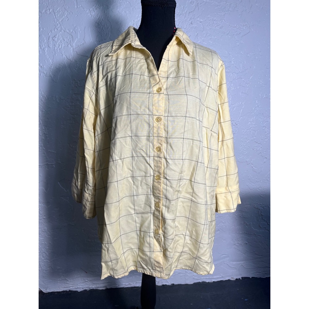 Dressbarn Woman Plus Size 18/20 Yellow Plaid Button Front Tunic Shirt Blouse